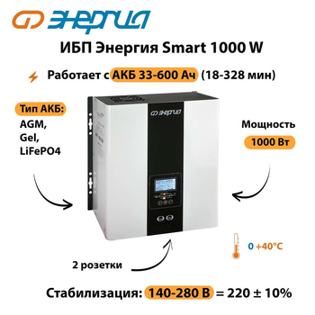 ИБП Энергия Smart 1000W - ИБП и АКБ - Энергия ИБП Smart - . Магазин оборудования для автономного и резервного электропитания Ekosolar.ru в Нижнем Тагиле